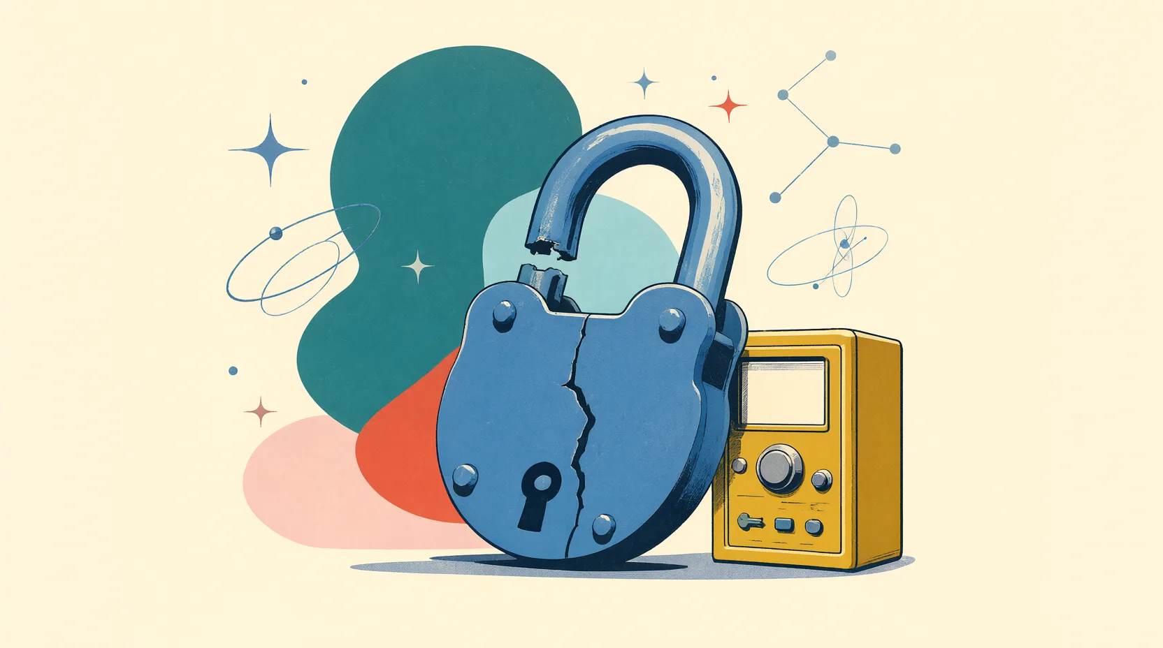 A cracked padlock with a broken shackle beside a small yellow cabinet